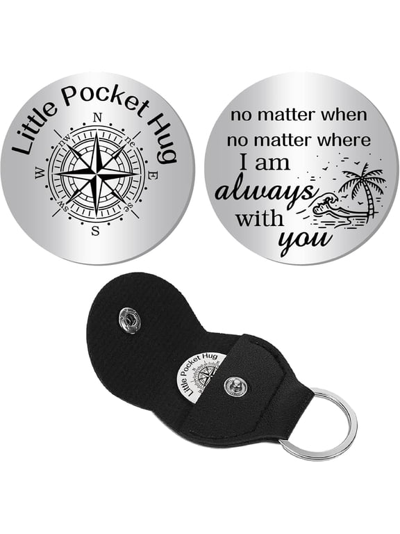 Compass Pocket Hug Stainless Steel Pocket Hug Double-Sided Souvenir with PU Leather Keychain Long Distance Relationship Commemorative Coin for Women Men Friends Relative 1.2 x 1.2Inch Gray
