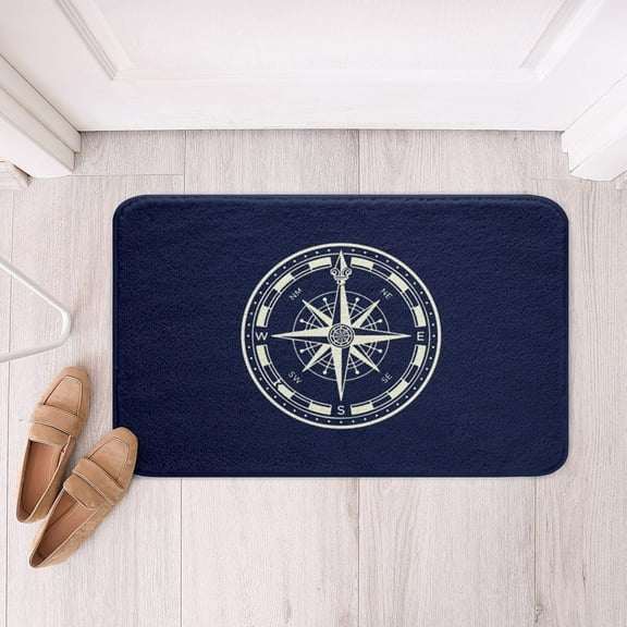 Compass Print Bath Rugs 16"x24" Nautical Themed Non Slip Bath Mat Ocean Door Carpet Dark Blue Bathroom Rug Mat