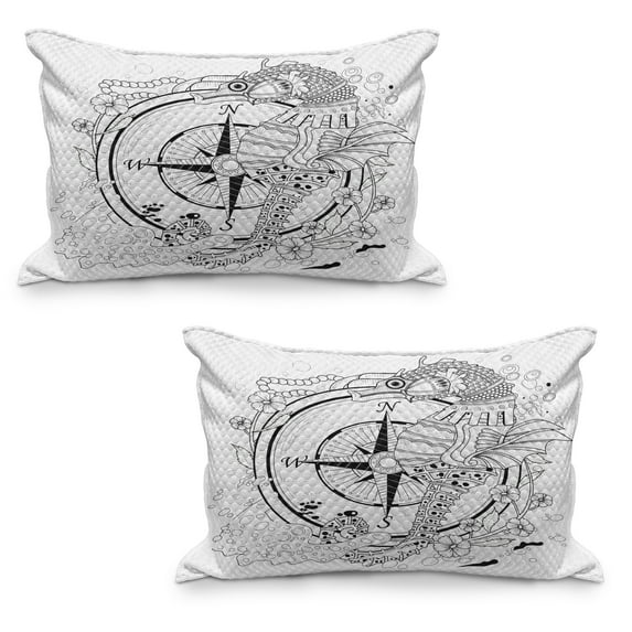 Compass Quilted Pillowcover Set of 2, Giant Seashore All over Compass in Exquisite Ornate Detailed Motifs Ocean Animal, Standard Queen Size Pillow Cover Bedroom, 30" x 20", Black White, by Ambesonne