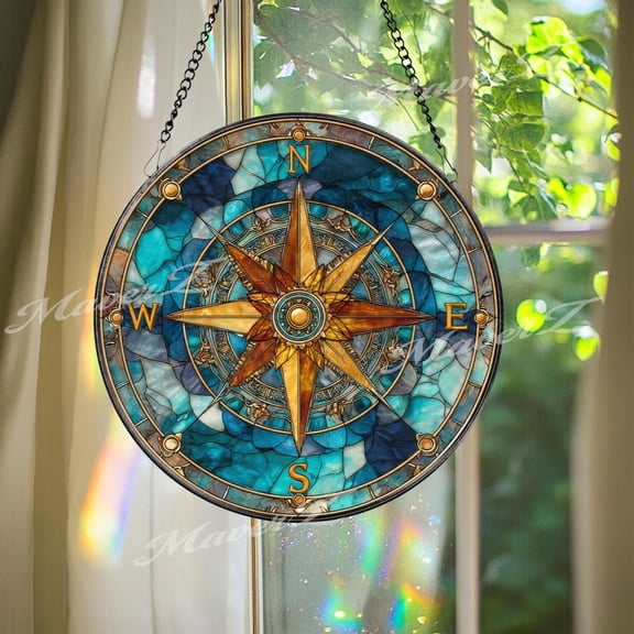 Compass Rose Glass Suncatcher, Round Nautical Window Panel, Ocean Blue, 6.3 in