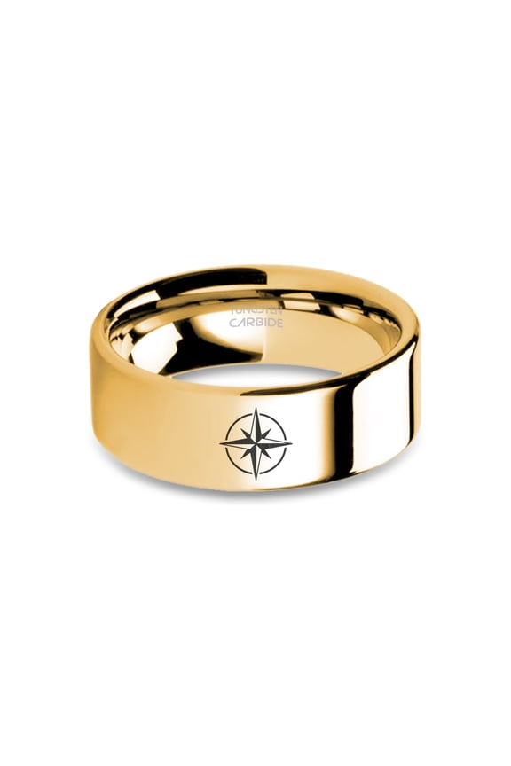 Compass Rose Icon Laser Engraved Yellow Gold Polished Tungsten Ring, 8mm, Size 10.5