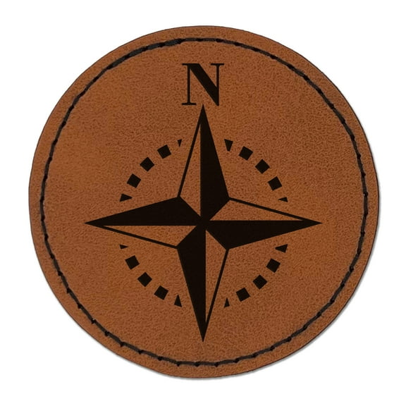 Compass Rose Nautical Star Navigation Map 2.5" Faux Leather Round Engraved Iron-On Patch - Brown