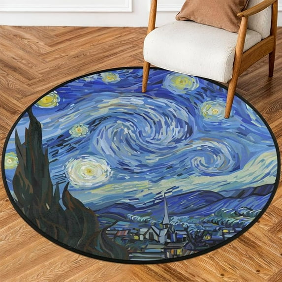 Compass Rose Round Area Rug, Artwork Black Non-Slip Circle Rug for Bedroom Living Room Outdoor Study Playing Floor Mat Carpet