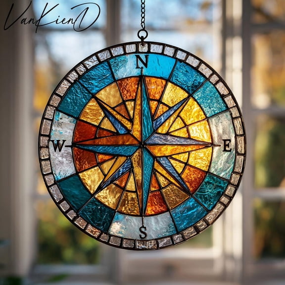 Compass Rose Stained Glass Suncatcher Nautical Decor Handcrafted Window Hanging Home Car Ornament Travel Lover Gift
