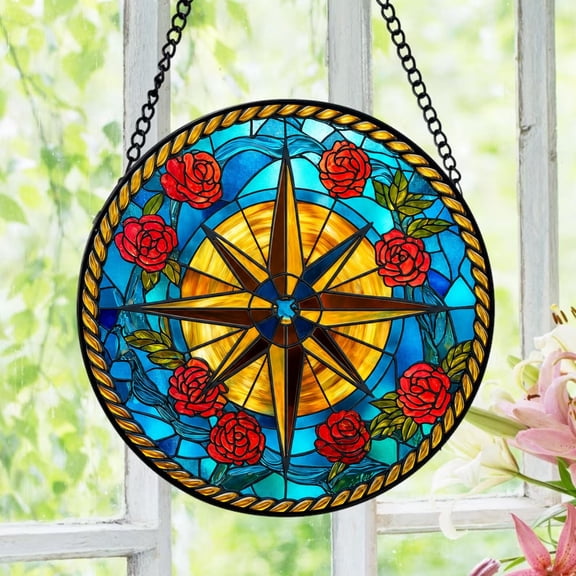 Compass Rose Stained Glass Suncatcher, Nautical Window Hanging, Ocean Rose Decor, Sailor Gift