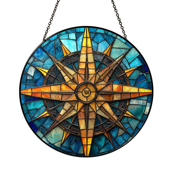 Compass Rose Sun Catcher Stained Glass Style Round Nautical Window Panel