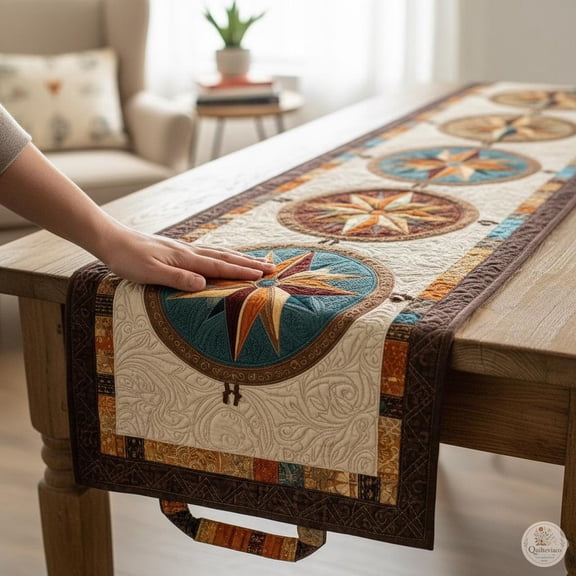 Compass Rose Table Runner, Nautical Coastal Dining Decor, Rustic Farmhouse Linen, Maritime Table Accent