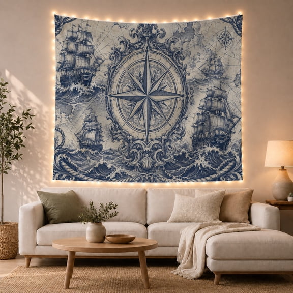 Compass Rose Over Vintage Ship Map, Adventurous Vintage Style for Ocean Lovers, Nautical Wall Art, Father's Day Gift, Tapestry Wall Hanging for Office and Living Room