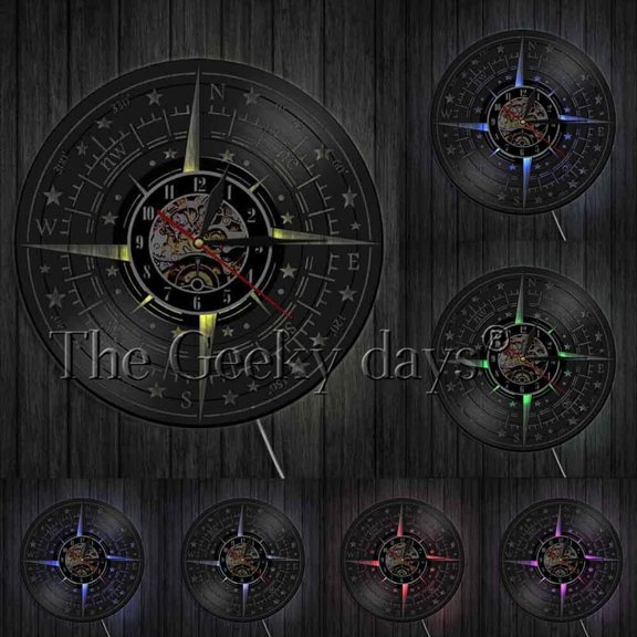 Compass Rose Wall Decor Modern Design Wall Clock Nautical Vinyl Record Wall Clock Navigation Direction Mariners Sailors Gift With LED