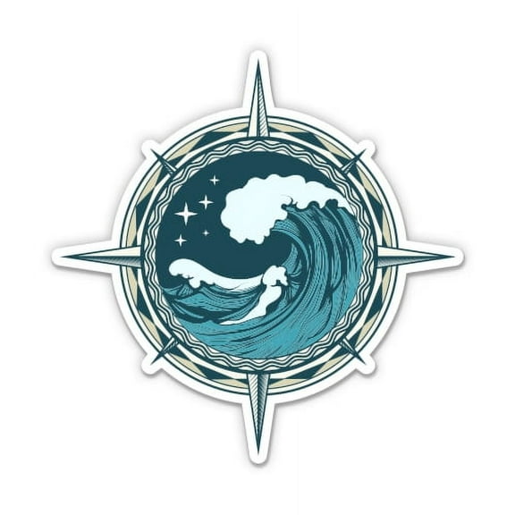 Compass Rose Wave Nautical Sailing - 5" Vinyl Sticker - For Car Laptop I-Pad - Waterproof Decal