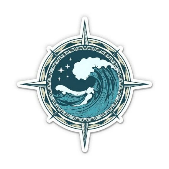 Compass Rose Wave Nautical Sailing - 7" Vinyl Sticker - For Car Laptop I-Pad - Waterproof Decal