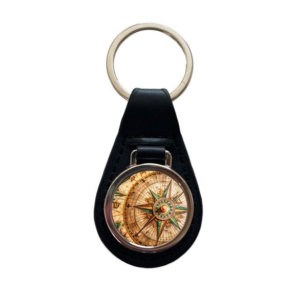 Compass Rose on an Ancient Nautical Maritime Map Metal Black Leather Keychain