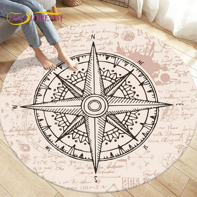 Compass Round Area Rug Retro British Navy New World Discovery Rug