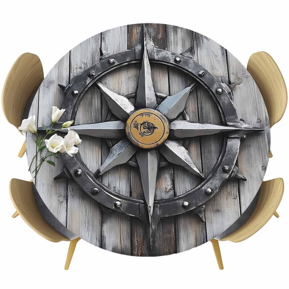 Compass Round Fitted Table Cover Nautical Wood Grain Waterproof Table Cloth with Elastic Edge Wipeable Tablecloth for Picnic Camping Party Fits 45"-54" Diameter