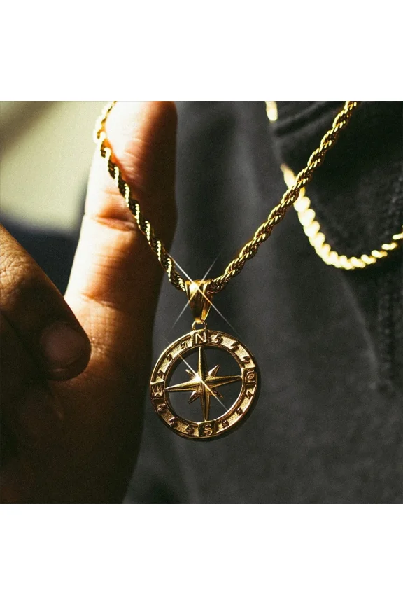 Compass Round Necklace Flow Compass HIPHOP Hip Hop Pendant Fried Dough Twists Chain 14K White Gold