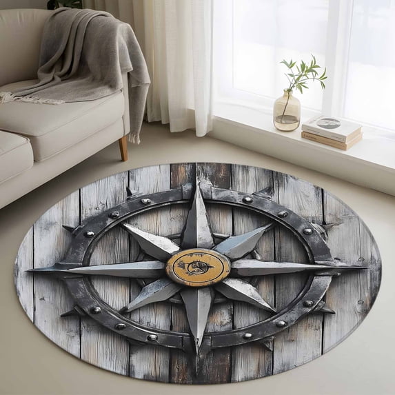 Compass Round Rugs for Living Room 4ft Nautical Wood Grain Non Slip ...