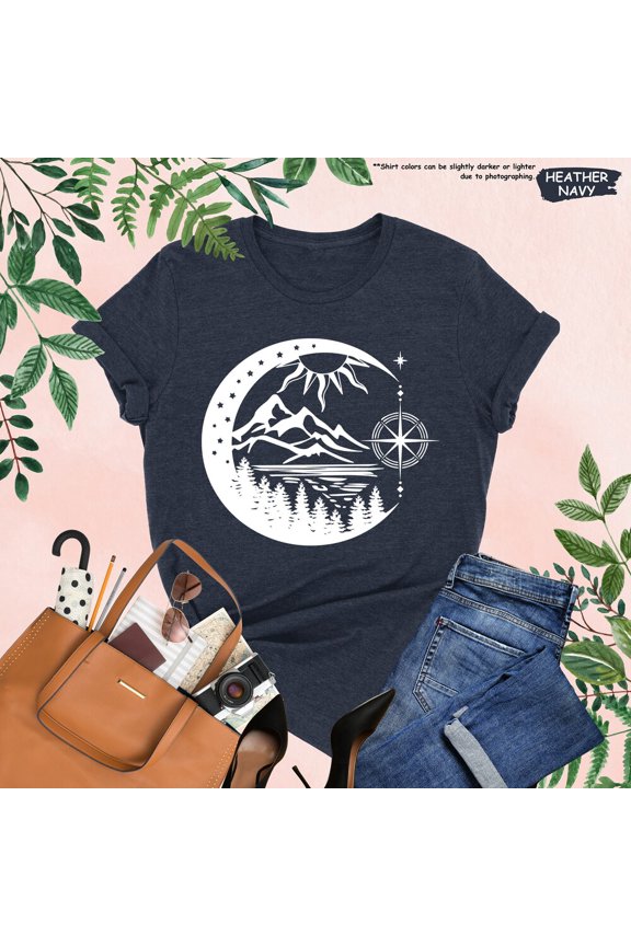 Compass Shirt, Compass Mountain Shirt, Cute Graphic Shirt, Compass Moon Mountain Shirt, Adventure Shirt, Travel Shirt, Camping Lover Shirt Unisex S-5XL Hot Trending Shirt, Vintage Birthday Gift