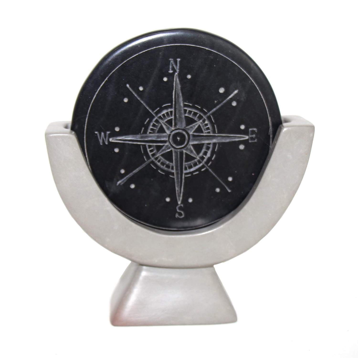 Hand-Carved Dark Gray Soapstone Compass Sculpture
