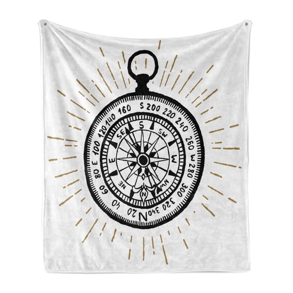 Compass Soft Flannel Fleece Blanket, Hand Drawn Vintage Inspired Sea Navigation Journey Themed Black and White Design, Cozy Plush for Indoor and Outdoor Use, 60" x 80", Black White, by Ambesonne