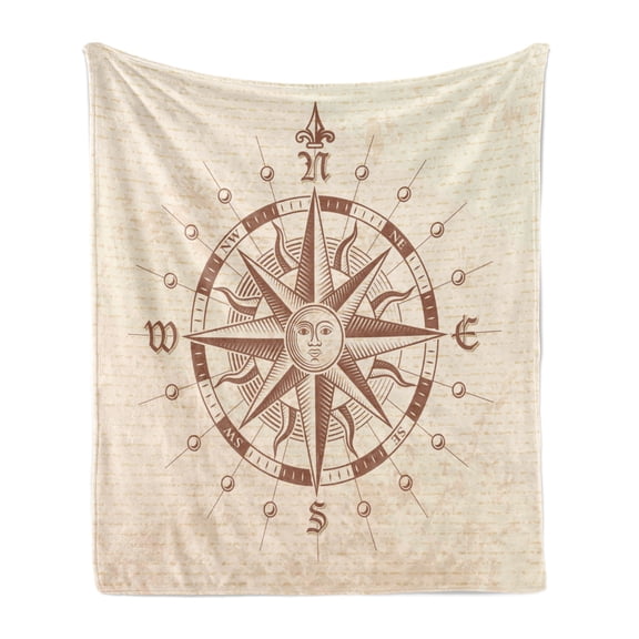 Compass Soft Flannel Fleece Blanket, Old Compass Rose a Sun Face Lady on It Instrument Distances Between Points Graphic, Cozy Plush for Indoor and Outdoor Use, 70" x 90", Tan Brown, by Ambesonne