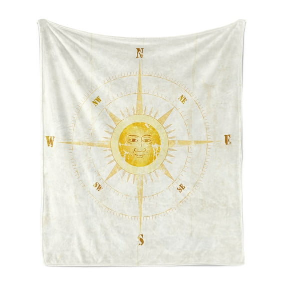 Compass Soft Flannel Fleece Blanket, Vintage Boating Windrose with the Face of the Sun in the Middle North South East West, Cozy Plush for Indoor and Outdoor Use, 70" x 90", Yellow, by Ambesonne