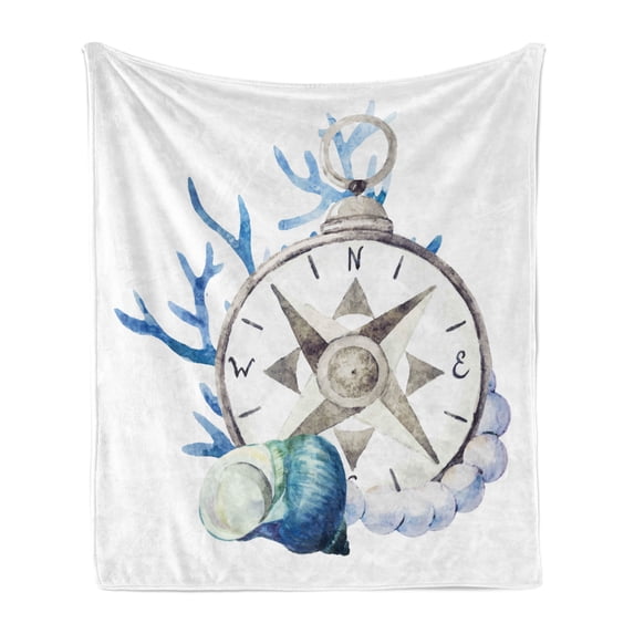 Compass Soft Flannel Fleece Blanket, Watercolor Marine Life Theme Seashell Compass Voyaging Vibrant Color Print, Cozy Plush for Indoor and Outdoor Use, 50" x 60", Navy Blue Eggshell, by Ambesonne