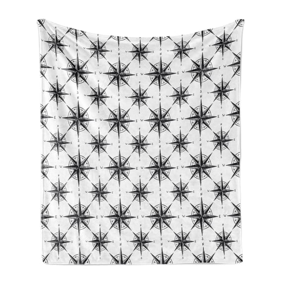 Compass Soft Flannel Fleece Throw Blanket, Black and White Sketch Style Windrose Discovering New Places Nautical Elements, Cozy Plush for Indoor and Outdoor Use, 70" x 90", Black White, by Ambesonne