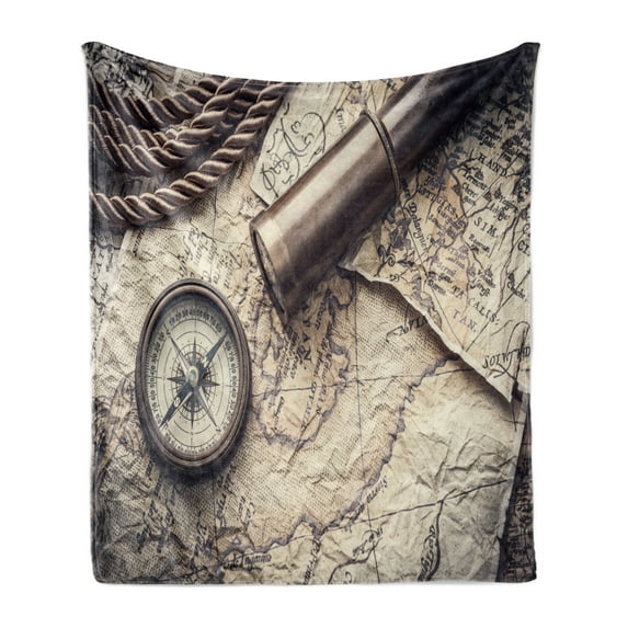 Compass Soft Flannel Fleece Throw Blanket, Maritime Themed Vintage Photo with Nostalgic Tools Spyglass Old Map and Sextant, Cozy Plush for Indoor and Outdoor Use, 50" x 70", Taupe Beige, by Ambesonne