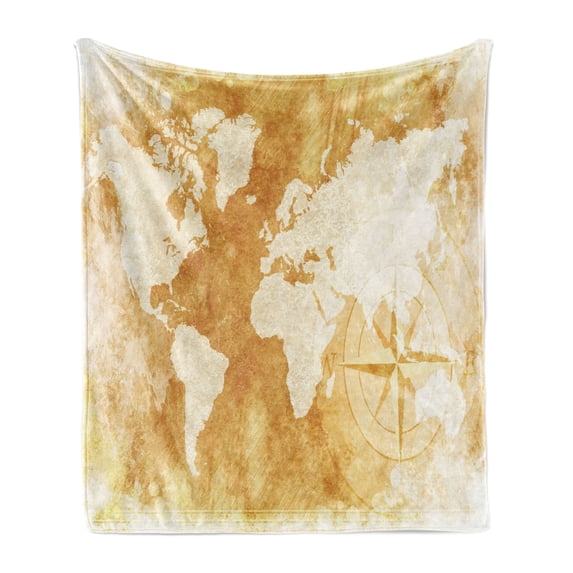 Compass Soft Flannel Fleece Throw Blanket, Old-Fashioned World Map Design with Compass in Retro Distressed Colors Continents, Cozy Plush for Indoor and Outdoor Use, 50" x 60", Cream Tan, by Ambesonne