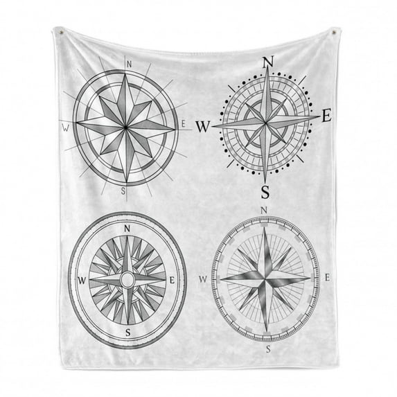 Compass Soft Flannel Fleece Throw Blanket, Seafaring Design Windroses in Black and White Sailing Away Journey Themed, Cozy Plush for Indoor and Outdoor Use, 60" x 80", Black and White, by Ambesonne