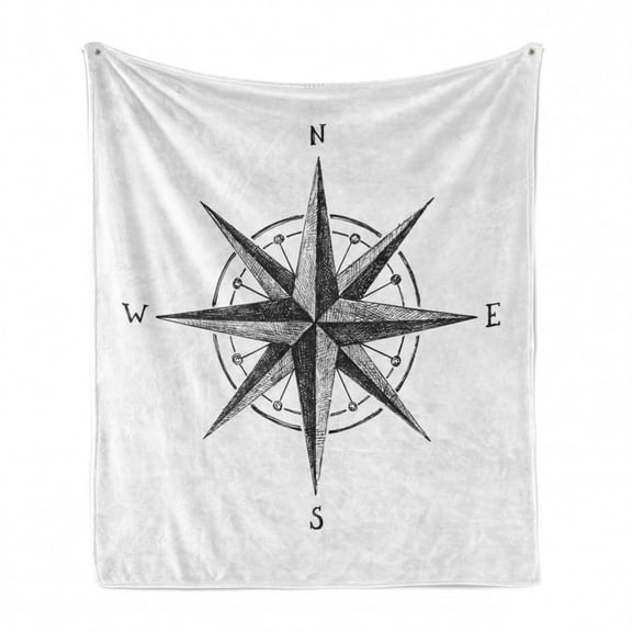 Compass Soft Flannel Fleece Throw Blanket, Seamanship Hand Drawn Windrose Complete Directions North South West, Cozy Plush for Indoor and Outdoor Use, 60" x 80", Charcoal Grey White, by Ambesonne