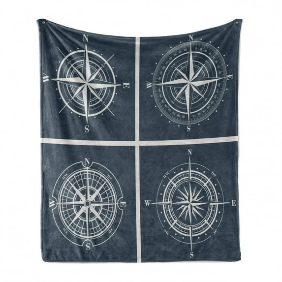 Compass Soft Flannel Fleece Throw Blanket, White Compasses Navy Blue Background Navigation Sailing Themed Art, Cozy Plush for Indoor and Outdoor Use, 50" x 70", Navy Blue and White, by Ambesonne