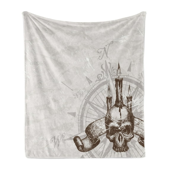 Compass Soft Flannel Fleece Throw Blanket, Windrose Skull and Candles Spooky Adventure New Pirate Destinations Theme, Cozy Plush for Indoor and Outdoor Use, 60" x 80", Brown Pearl Grey, by Ambesonne