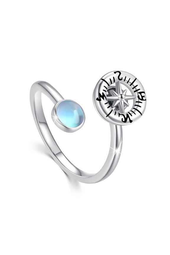 Compass Spinner Ring with Moonstone Sterling Silver Adjustable Open Fidget Ring Anxiety Stress Ring Compass Jewelry Graduation Gifts for Men Women