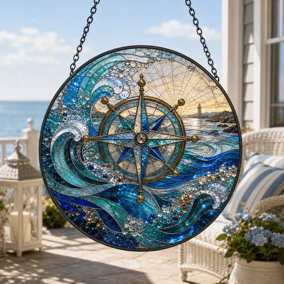 Compass Stained Glass Suncatcher for Window Hanging, Nautical Ocean Navigation Decor