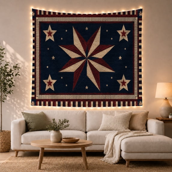 Compass Star Quilt with Red Border, Nostalgic Rustic Style for Americana Decor Lovers, Americana Wall Decor, Fourth of July Gift, Tapestry Wall Hanging for Bedroom and Living Room