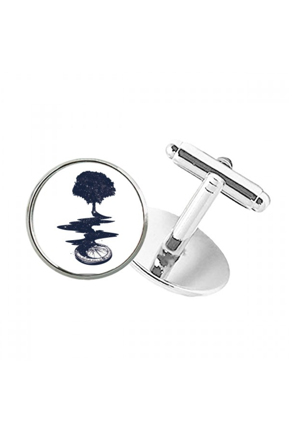 Compass Stream Tree Art Pattern Round Button Cuff Clip Stud Cufflinks