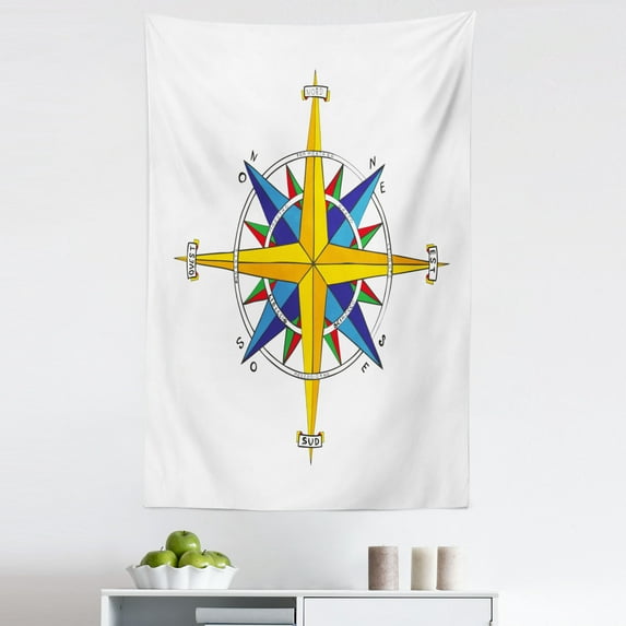 Compass Tapestry, Colorful Vivid Design Windrose Marine Life Theme Sailing Journey Directions, Fabric Wall Hanging Decor for Bedroom Living Room Dorm, 5 Sizes, Yellow Night Blue, by Ambesonne