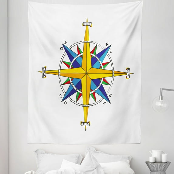 Compass Tapestry, Colorful Vivid Design Windrose Marine Life Theme Sailing Journey Directions, Fabric Wall Hanging Decor for Bedroom Living Room Dorm, 5 Sizes, Yellow Night Blue, by Ambesonne