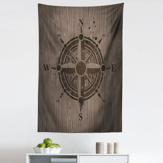 Compass Tapestry, Drawing of a Sailing Compass on a Wooden Surface in Computer Generated Art, Fabric Wall Hanging Decor for Bedroom Living Room Dorm, 5 Sizes, Umber Dark Brown, by Ambesonne
