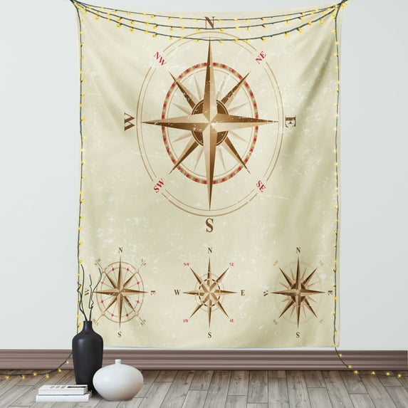 Compass Tapestry, Four Different Compasses in Retro Colors Discovery Equipment Where Nautical Marine, Wall Hanging for Bedroom Living Room Dorm Decor, 40W X 60L Inches, Beige Tan, by Ambesonne