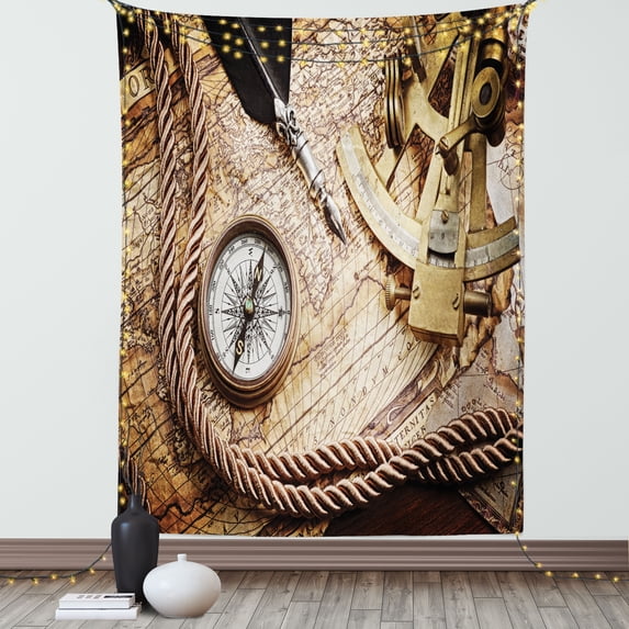 Compass Tapestry, Vintage Navigation Voyage Theme Lifestyle Image with Sextant and Compass Discovery Tools, Wall Hanging for Bedroom Living Room Dorm Decor, 40W X 60L Inches, Cream, by Ambesonne