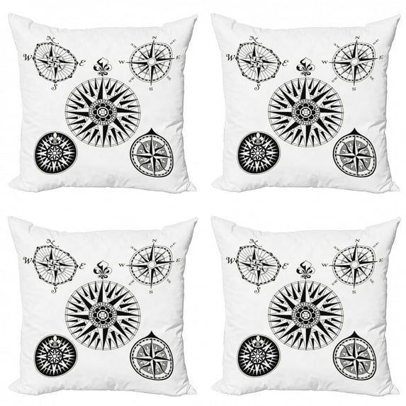 Ambesonne Compass Throw Pillow Cover 4 Pack, 5 Windroses Angles, 16", Black and White