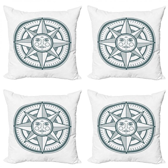 Compass Throw Pillow Cushion Case Pack of 4, Monochrome Vintage Outline Design of Sun with Face Centered Navigation Tool, Modern Accent Double-Sided Print, 4 Sizes, Dark Teal White, by Ambesonne