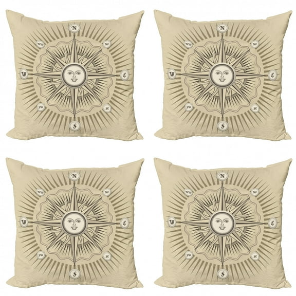 Ambesonne Compass Throw Pillow Cover 4 Pack, Vintage Windrose, 16", Beige and Dark Taupe