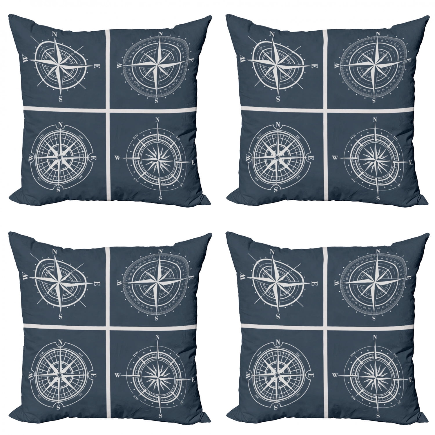 Compass Throw Pillow Cushion Case Pack of 4, White Compasses Navy Blue