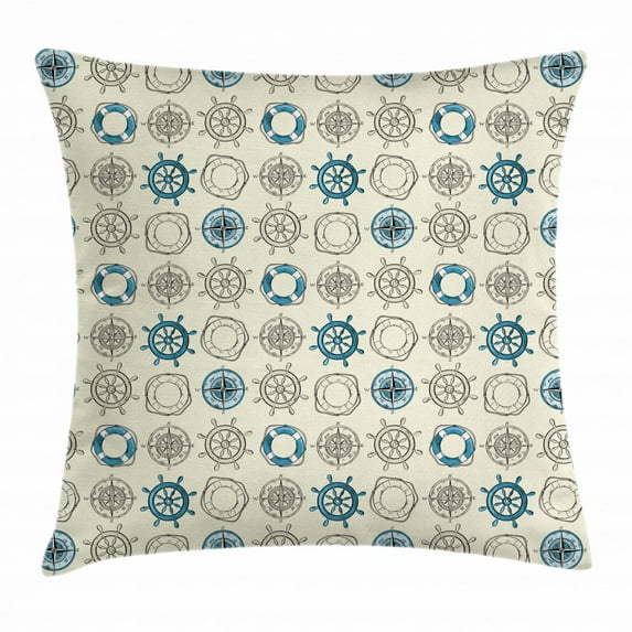 Compass Throw Pillow Cushion Cover, Marine Themed Doodle Art Vintage Inspirations Traveling Exploration Cruise Pattern, Decorative Square Accent Pillow Case, 24 X 24 Inches, Beige Teal, by Ambesonne