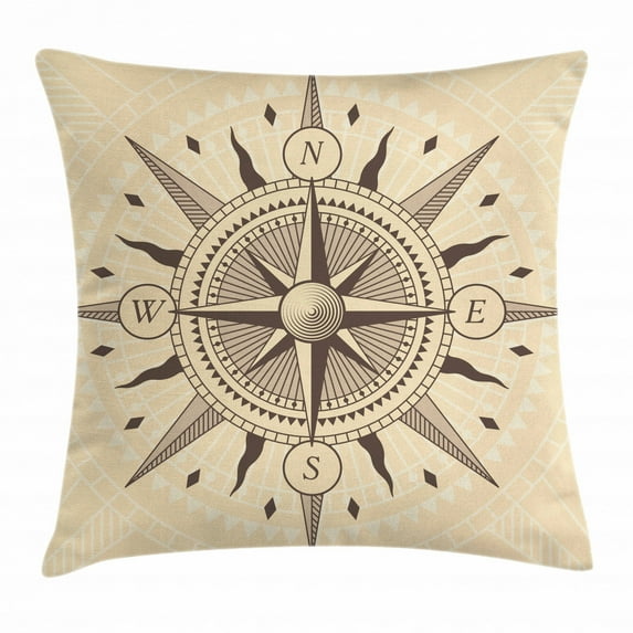 Compass Throw Pillow Cushion Cover, Vintage Exploration Windrose Design with Tan Background Abstract Elements Theme, Decorative Square Accent Pillow Case, 16 X 16 Inches, Tan Taupe, by Ambesonne