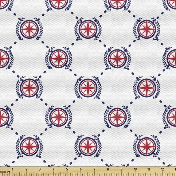 Ambesonne Compass Fabric by the Yard Upholstery, Diamond Windrose Leaf, 3 Yards, Dark Blue Dark Coral