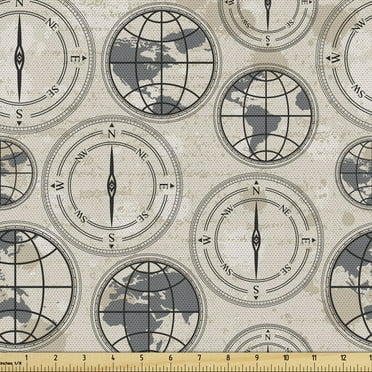 Ambesonne Compass Fabric by the Yard Upholstery, Continents Pattern, 5 Yards, Black Grey Tan